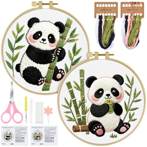 ERKOON Embroidery Kit for Beginners, 2 Set Flower Cross Stitch Set Include Embroidery Cloth Hoops Threads for Craft Lover Hand Stitch with Embroidery Skill Techniques (Panda) - color: Panda