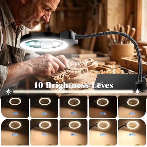 30X 10X Large Magnifying Glass with Light and Stand,LED Magnifier Desk Lamp - color: Black