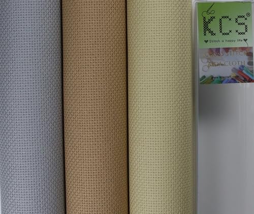 KCS 3 pc of 15" x 18"(38cmx45cm) Counted Cross Stitch Cotton Aida Cloth Needlework Rolled Fabric Box,14CT,Light Grey+Khaki+Yellow Beige - color: Light Grey+khaki+yellow Beige, size: 14CT