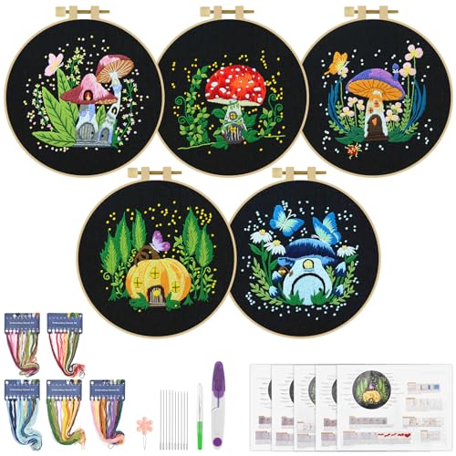 ERKOON 5 Sets Embroidery Kit for Beginners Adult Mushroom Cross Stitch - color: Black-Mushrooms