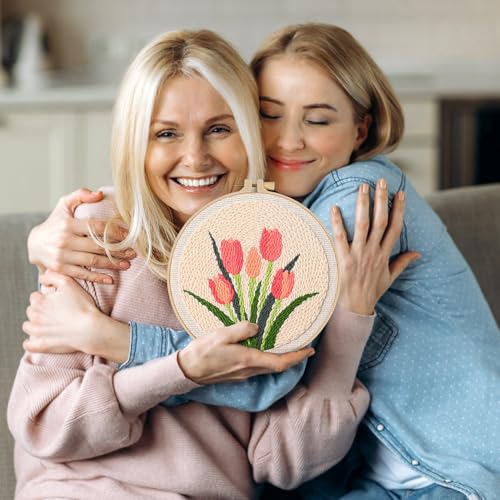 KESTAR Punch Needle Embroidery Starter Kits, Pink Tulip Flower Punch Needle Kits for Adults Beginner, Needle Punch Kit Tool with Instruction Threader Fabric Yarns and Hoop - color: Pink Tulip