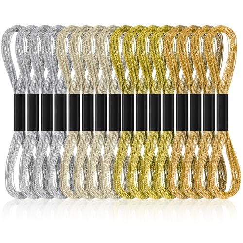 12 Skeins Metallic Embroidery Floss, Gold Silver Embroidery Thread, Multi-Purpose Cross Stitch Metallic Thread for Hand Crafts String Art Supplies (8m 12 Strands)