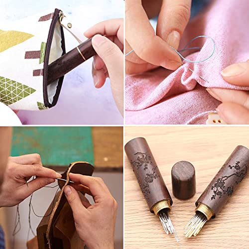 Fbshicung 24 Pieces Self Threading Needles Double Hole Needles, 6 Pieces Large Eye Stitching Needles Sewing Needles with 2 Pieces Wooden Needle Case Carving Pattern Case for Sewing Embroidery