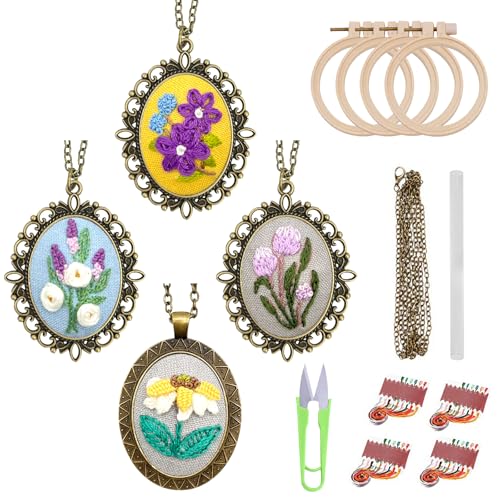 ZOCONE New 4 Packs Embroidery Necklace Kits, Embroidery Pendant Kit Mini Cross Stitch Kit with Hoop, Necklace, Pendant, Stamped Pattern Cloth, Instructions, etc., Embroidery Kits for Adults - color: J