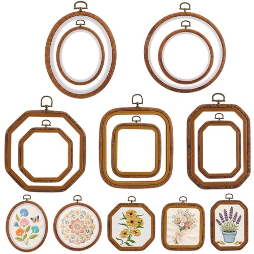 10Pcs Embroidery Hoop Frame, 10 Sizes Imitated Wood Cross Stitch Hoop, Oval Square Rectangle Embroidery Hoop for Cross Stitch, DIY Sewing Craft, Hanging Ornaments Decor, 5 Shape