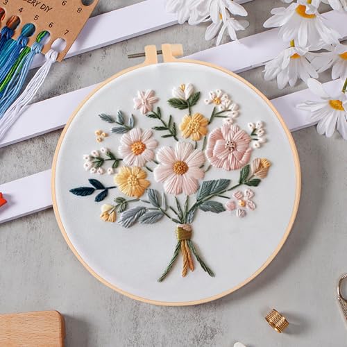 Huacan Embroidery Kits Flower for Adults Beginner 4 Pcs DIY Cross Stitch Stamped Flowers Pattern Stitching Sewing Kit 7.9 x 7.9 Inch - color: Floral 1