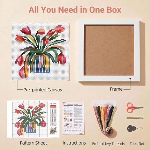 WUSARPLY Flower Stamped Cross Stitch Kits for Beginners Adults with Framed - color: DKJ002