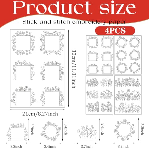 Flower Water Soluble Embroidery Patterns, 4 Sheets Stick and Stitch Embroidery Papers Wash Away, Transfer Paper with Pre-Printed Floral Leaves Designs for Hand Sewing Lovers Beginners DIY Crafts Gifts - size: Flower A