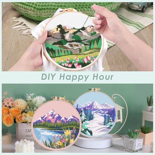 ERKOON Embroidery Kit for Beginners, 5 Sets Flower Cross Stitch Set for Adults Include Embroidery Cloth Hoops Threads for Craft Lover Hand Stitch with Skill Techniques (Landscape) - color: Landscapes