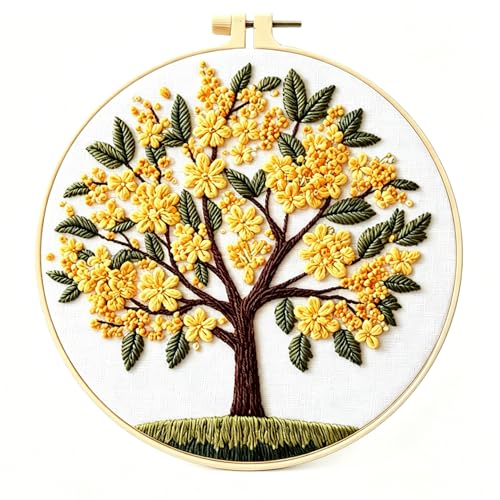 Zhenqing Osmanthus Tree Embroidery Kit for Beginners, Sweet Olive Blossom Craft Set with 20cm Hoop, Printed Design on 29x29cm Cotton Fabric, DIY Nature Wall Art (JCD0100)