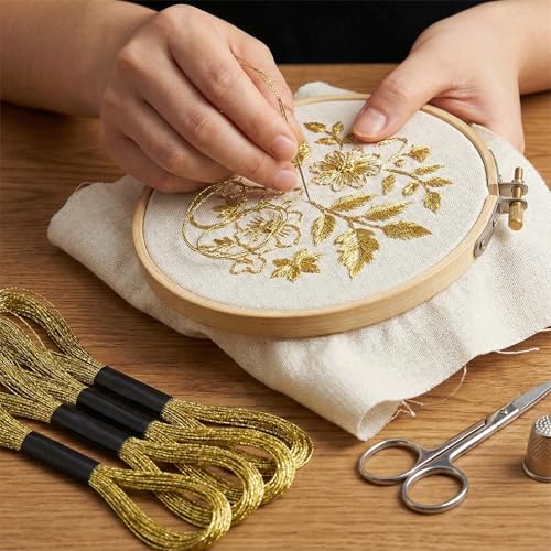 12 Skeins Gold Embroidery Thread Metallic Embroidery Floss Polyester Cross Stitch Thread Friendship Bracelet String Gold Sewing Craft Yarn Art Supplies for Hand Embroidery(8M/Skeins)