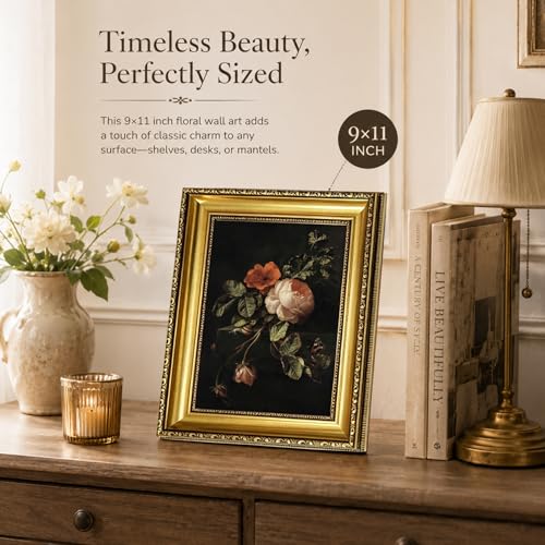 Vintage Gold Framed Moody Floral Wall Art,Dark Rose Still Life Canvas Print - color: Floral Gold Framed, size: 11"L x 9"W