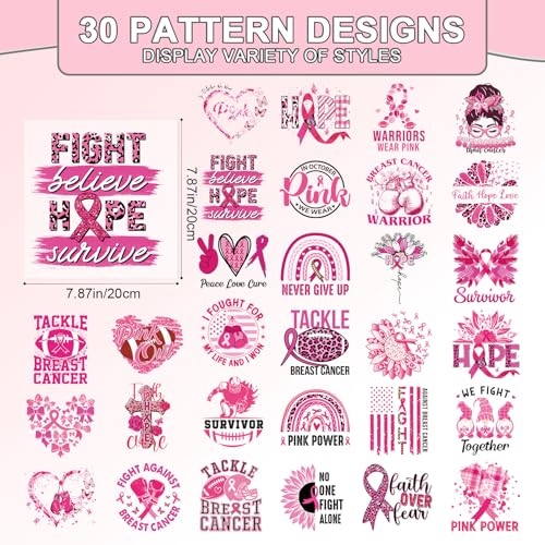 30 Pcs Breast Cancer Awareness Dtf Transfers Ready to Press - color: Breast Cancer Awareness