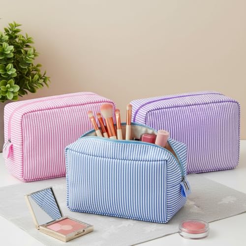 Sanwuta 3 Pcs Seersucker Makeup Bags, Pink, Light Blue, Purple - color: Pink, Light Blue, Purple