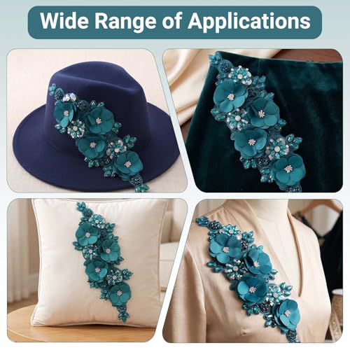Handmade 3D Flower Embroidery Applique Rhinestone Lace Patches, Turquoise - color: Turquoise