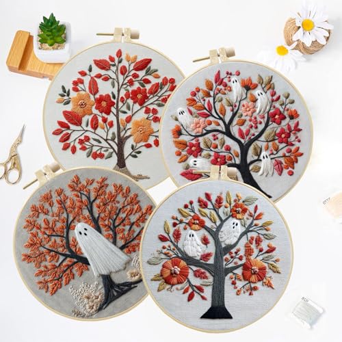 LB 4-Pack Halloween Embroidery Kit, Fall Hand Embroidery Kit for Beginners - color: Orange Red