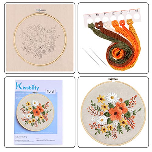 KISSBUTY Embroidery Starter Kit with Pattern, Bamboo Hoop, Color Threads, Flaxen Fabric (Floral Design, Kid, Art Craft Kit)