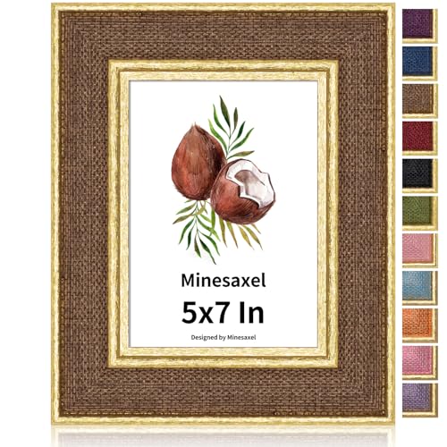 5x7 Picture Frame - Brown Fabric & Vintage Gold Border HD Real Glass with Easel for Tabletop/Wall (Family Photos, Kitchen Decor 1 Pack) - color: Brown-1pcs, size: 5x7