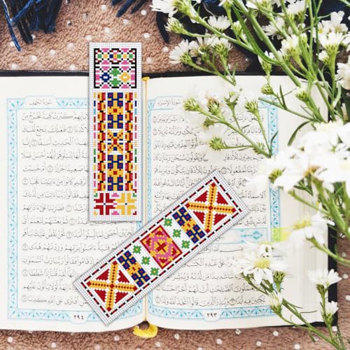BEUNITONE Cross Stitch Bookmark Kits 6 Pcs Traditional Decorative Patterns Counted Cross Stitch Kit Hand Stamped Embroidery Kit for Beginners Floral Fabric Bookmark Making Kit DIY 8''x2.4'' - style: Pattern 2