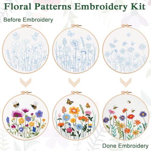Louise Maelys 3 Pack Floral Embroidery Kit for Beginners, Garden DIY - color: Floral Nature