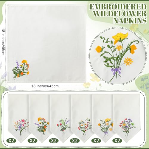 Tioncy 6 Pcs Floral Embroidery Napkins 18" Embroidery Flower Linen Cotton Napkin Bulk for Wedding Tea Cocktail Spring Flower Birthday Party Table Centerpiece Mexican Kitchen Curtain Decor (White) - color: White