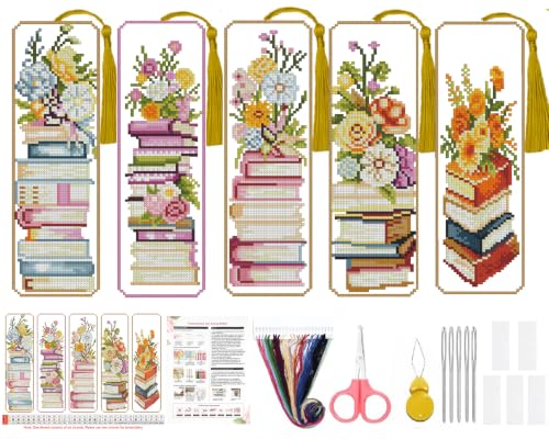 5PC Book Flowers Counted Cross Stitch Bookmark Kit for Adults Beginners - color: SQJ010-01
