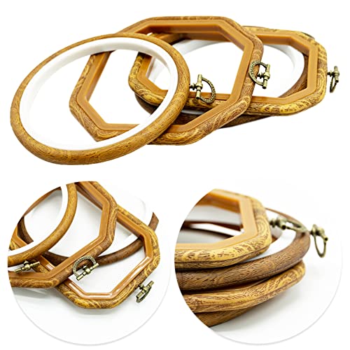 4 Sizes Imitated Wood Multiple Shapes Embroidery Hoop Set Plastic Circle Cross Stitch Hoop Rings for DIY Craft Sewing, Small Faux Wooden Embroidery Hoop Including 16pcs Gold Eye Sewing Needles - style: 4 Sizes Shape Imitated Wood