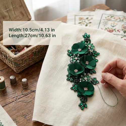Handmade 3D Flower Embroidery Applique Rhinestone Lace Patch, Hunter Green - color: Hunter Green