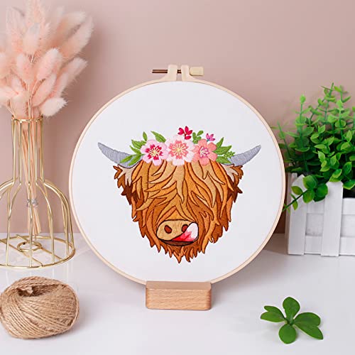 Louise Maelys Highland Cow Stamped Embroidery Kit Floral DIY Craft - color: kit-17