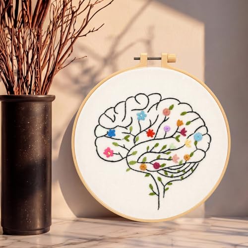 Fanfanwin 1 Set Brain Embroidery Kit for Beginner Floral Brain Cross Stitch Kits Easy Embroidery with Hoop, Needles, Threads, Instruction Threads Tools DIY Craft Art for Mental Health Mindfulness Gift - style: Floral Brain