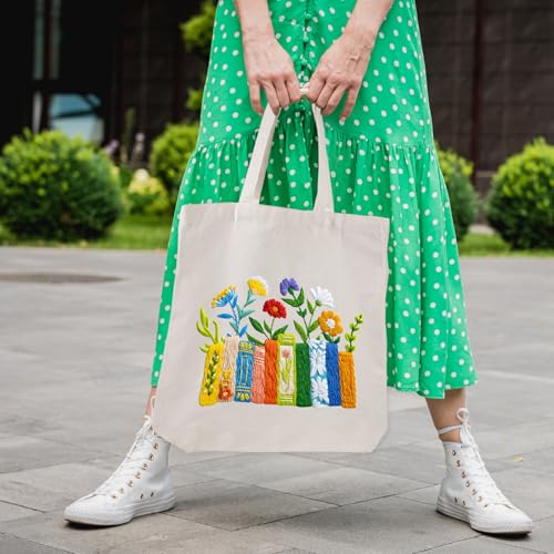 Louise Maelys Book and Flowers Embroidery Kit Canvas Tote Bag for Beginners - color: books flowers