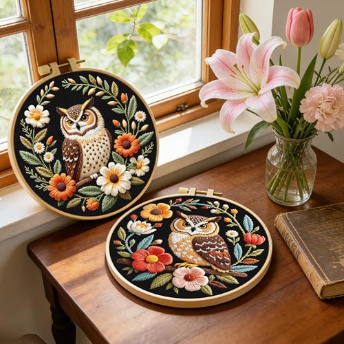 ERKOON Embroidery Kit for Beginners, 2 Set Flower Cross Stitch Set Include Embroidery Cloth Hoops Threads for Craft Lover Hand Stitch with Embroidery Skill Techniques (Owl) - color: Owl