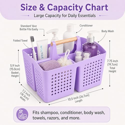 Portable Shower Caddy Basket with 3 Compartments and Handle, Purple - color: Purple