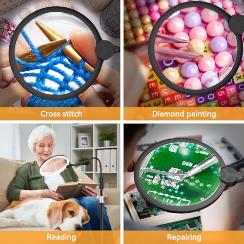 Magnifying Glass With Light And Stand, 10X Large 7'' Magnifying Glass For Reading, Close Work, Cross Stitch And Crafts, Rechargeable Floor Or Desk Magnifying Lamp With Adjustable Gooseneck For Seniors