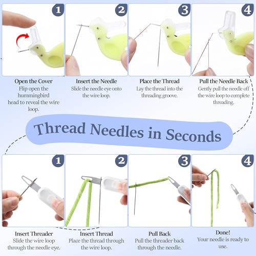 Dreyoo Needle Threader Set for Hand Sewing, 2 Large Automatic Threaders for Yarn & Thick Thread + 2 Hummingbird Fine Threaders with Cutter, Threading Tool Kit for Embroidery, Sewing Machine (4 Pack)