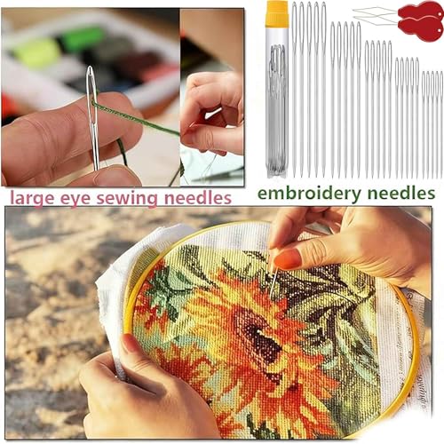 25Pcs Large Eye Sewing Needles with 2 Needle Threaders & Storage Tube
