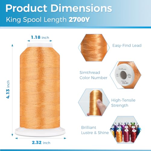 Simthread 2700 Yards Metallic Embroidery Machine Thread - Pumpkin MS-003, 40wt High-Sheen King Spool, Smooth Running & Break Resistant for Commercial & Home Embroidery Machines - color: Pumpkin MS-003