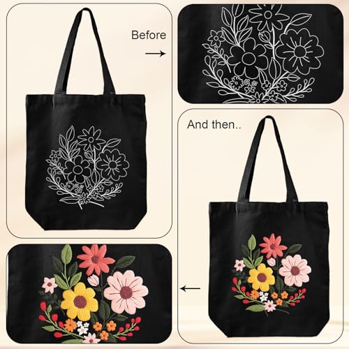 Louise Maelys Halloween Embroidery Kit Canvas Tote Bag with Flower Pattern - color: flower 1