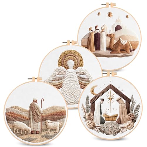 Santune Christian Embroidery kit,Nativity Scene Needlepoint Cross Stitch Kits for Beginners Adult,Needle Point Sets,4 Embroidery,2 Hoops,Christmas Ornaments - color: Christian Series