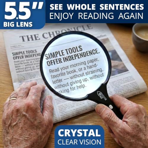 VisionAid Big 5.5" Magnifying Glass with LED Light (USB Rechargeable) and Hard Case — Handheld Illuminated Large Magnifier for Reading — See Fine Print 3 Times Bigger - size: 5.5 inches