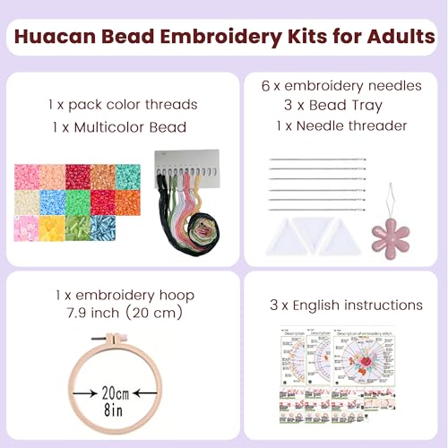 Huacan Bead Embroidery Kit for Beginners 3 Sets, Bead Embroidery Kit with Step by Step Stitch Video & Instructions, Three-Dimensional Starter Embroidery Set with 19 Stitches for Gift