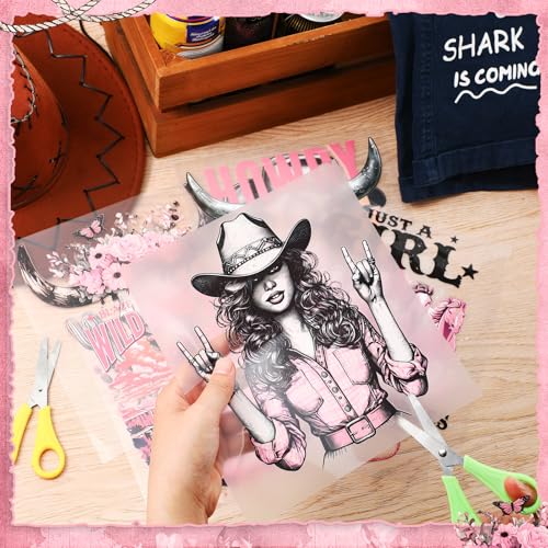 Fainne 12 Sheets Iron on Transfers, Western Pink Cowgirl Flower Decals - style: Pink Cowboy