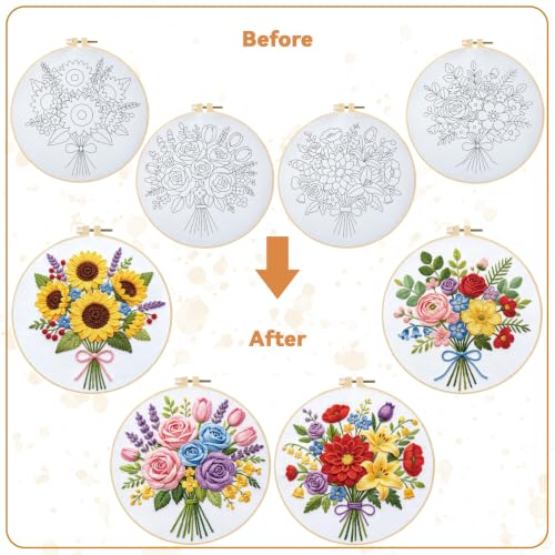 BEUNITONE 4pcs Embroidery Kit, Flower Stamped Embroidery Kits with Hoop, Thread & Needles, Colorful Bouquet Cross Stitch Kits Sewing Gifts for Adults and Beginners, DIY Craft for Relaxation - style: B-Bouquet