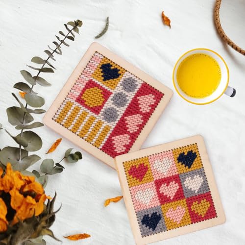 Yushen 4Pcs Heart Coaster Needlepoint Kit for Adult Cross Stitch Kits DIY Adults Needlepoint Embroidery Set No Patterns Stamped Embroidery Needles Threads Crafts (Love) - color: Love
