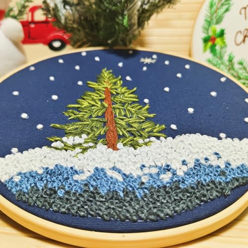 Embroidery Christmas Kits for Adults Beginners Embroidery Starter Kits with Christmas Tree Wreath Pattern, Hand DIY Embroidery Stamped kits, 3 Embroidery Hoops, 3 Embroidery Fabric, Needles and Thread