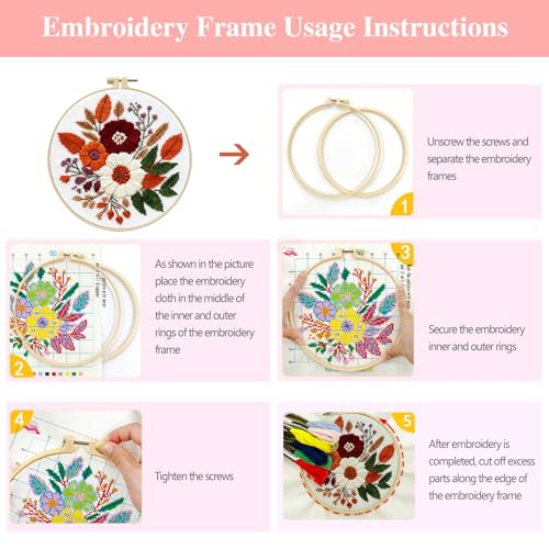 Zhenqing Floral Bouquet Cross Stitch Kit for Beginners - Complete Set with Pre-Printed 11CT 24x24cm Fabric, Hoop & Threads (68993) - color: 68993