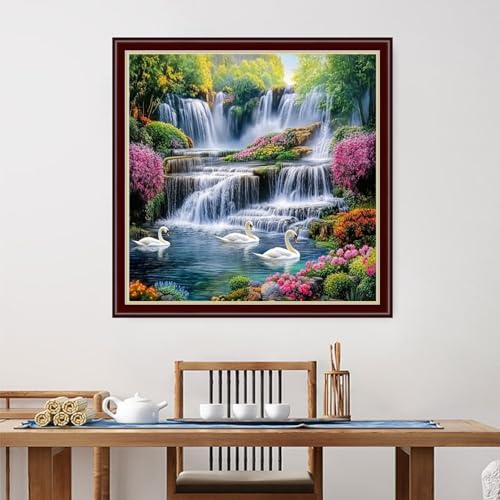 Dimensean Stamped Cross Stitch Kits Full Range of Embroidery Patterns Starter Kits for Beginners Adult DIY Cross Stitches Needlepoint Kits 11CT-Swan Lake Waterfall 18x18 inch - color: Arts kits 31