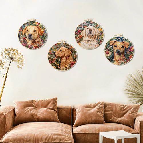 LB 4 Pack Cute Dog Flower Embroidery Kit for Beginners Funny Animal Beginner Embroidery Kit for Adults DIY Starter Kit with Embroidery Hoop Colorful Threads Tools Step by Step Instructions - color: Brown