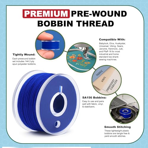 Mandala Crafts Blue 15J SA156 Prefilled Bobbin Thread, 144 PCs - color: Blue, size: Size A 144 X 142 Yards
