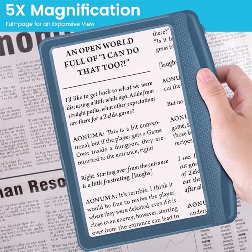 Rechargeable 5X Magnifying Glass for Reading, Large Bright Full Page Magnifier with Light, Handheld LED Dimmable Lighted, Lightweight Book Magnifier for Reading Small Prints Seniors - Blue - color: Blue